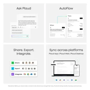 Infographie de PLAUD NotePin S montrant Ask Plaud, AutoFlow et la synchronisation entre l’app, le web et le desktop.