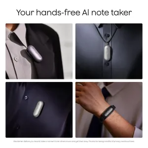 PLAUD NotePin S enregistreur vocal IA portable, fixé aux vêtements, porté sur un cordon et un bracelet de poignet