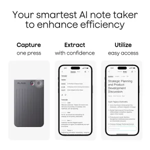 PLAUD Note AI-stemmeoptager med skærme fra den tilhørende app til optagelse, transskription og noter
