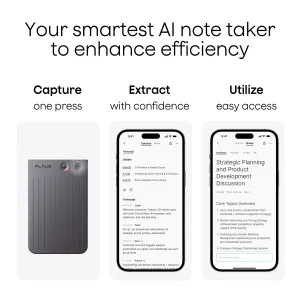 Enregistreur vocal IA PLAUD Note avec transcription, présenté avec les écrans de l’application compagnon pour les notes et les transcriptions