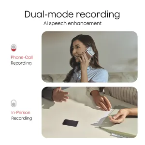 Infographie de l’enregistreur vocal IA PLAUD Note montrant l’enregistrement à double mode pour les appels téléphoniques et les réunions en présentiel