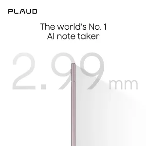 Enregistreur vocal IA PLAUD Note ultrafin en or rose, en vue latérale, montrant son design ultra-fin de 2,99 mm