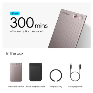 Enregistreur vocal IA PLAUD Note en couleur Lumière stellaire avec étui magnétique, anneau et câble de charge USB-C