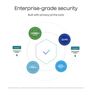 PLAUD NotePin S infographie de sécurité de niveau entreprise avec badges de certification de confidentialité et de conformité