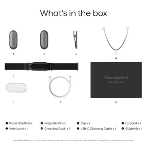 Indhold i æsken til PLAUD NotePin S diktafon med magnetisk pin, clip, halsrem, armbånd, dock og USB-C-kabel