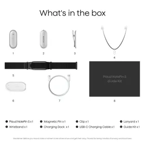 Infographie du contenu de la boîte PLAUD NotePin S avec enregistreur vocal argent, pin magnétique, clip, lanière, bracelet et chargeur