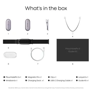Infographie du contenu de la boîte de PLAUD NotePin S montrant l’enregistreur, le pin magnétique, le clip, le tour de cou, le bracelet de poignet et le chargeur