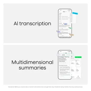 visuel promotionnel PLAUD NotePin S montrant la transcription par IA et des résumés multidimensionnels dans l'app