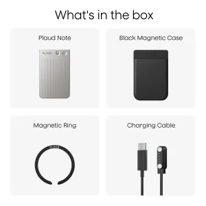 Contenu de l’enregistreur vocal IA PLAUD Note présenté avec l’appareil argenté, l’étui magnétique, l’anneau et le câble de charge USB-C