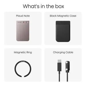 Contenu de la boîte de l’enregistreur vocal IA PLAUD Note : appareil, étui magnétique, anneau magnétique et câble de charge USB-C.