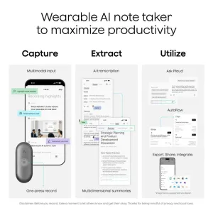 Infographie du dictaphone IA portable PLAUD NotePin S montrant l’enregistrement, la transcription et les résumés