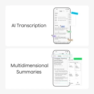Infographie PLAUD Note présentant la transcription par IA, 112 langues, des notes et des résumés multidimensionnels