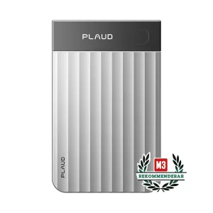 PLAUD Note Pro AI voice recorder with silver ribbed body and dark top panel, front view