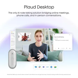 Enregistreur vocal argent PLAUD NotePin S à côté de l’interface de prise de notes PLAUD Desktop et de l’écran de réunion vidéo