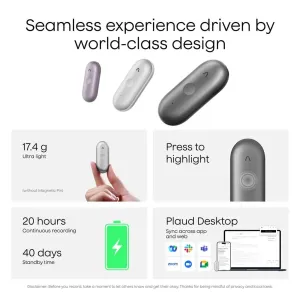 infographie du dictaphone PLAUD NotePin S montrant des appareils portables compacts, la synchronisation avec l’app et 20 heures d’enregistrement