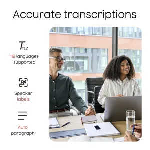 Infographie de l’enregistreur vocal avec IA PLAUD Note montrant des transcriptions précises, 112 langues et des étiquettes d’intervenants