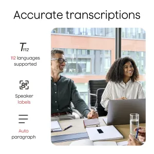 PLAUD Note-infografik, der fremhæver nøjagtig transskription, 112 sprog, talermærkater og automatiske afsnit