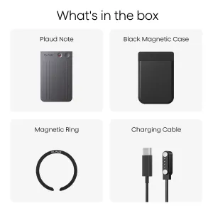 PLAUD Note AI-stemmeoptager i sort med magnetisk etui, magnetisk ring og USB-C-opladningskabel