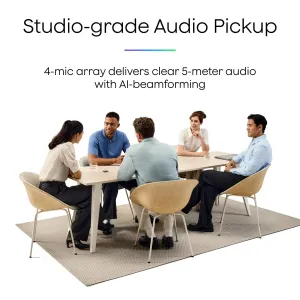 PLAUD Note Pro infographic showing a meeting scene with studio-grade 4-mic audio pickup up to 5 meters