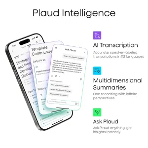 PLAUD Note Pro infographic showing smartphone app screens for AI transcription and multilingual summaries