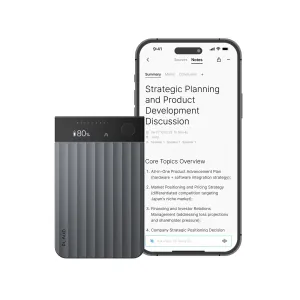 PLAUD Note Pro voice recorder beside a smartphone showing the companion notes app on a white background