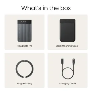 PLAUD Note Pro in black with magnetic case, magnetic ring, and USB-C charging cable