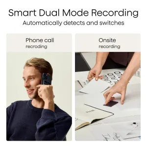 PLAUD Note Pro infographic showing Smart Dual-Mode Recording for phone calls and in-person meetings.