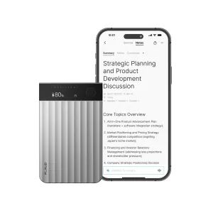 PLAUD Note Pro voice recorder beside a smartphone notes app for AI transcription and summaries