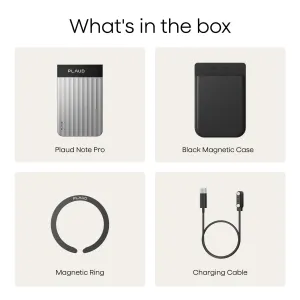 PLAUD Note Pro voice recorder in silver, shown with magnetic case, ring and USB-C charging cable