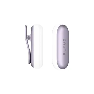 PLAUD NotePin avec pince et broche magnétique en violet coucher de soleil, présenté en vues pince et broche sur un accessoire blanc