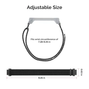 Infographie du bracelet PLAUD NotePin présentant un bracelet noir réglable, avec plage de tailles pour l’enregistrement mains libres.