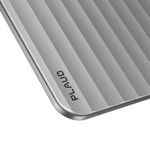 Silver PLAUD Note Pro voice recorder with ribbed top and magnetic design on a white background