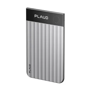 PLAUD Note Pro silver voice recorder with AI transcription, shown front view with textured metal body