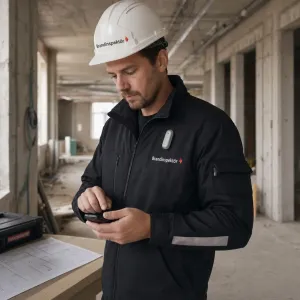 Enregistreur vocal à clip PLAUD NotePin S sur une veste, porté par un inspecteur sur un chantier