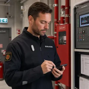 Enregistreur vocal PLAUD NotePin S fixé à une veste pendant qu’un homme consulte son téléphone dans un environnement industriel