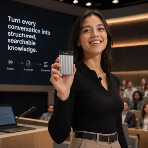 Woman holds PLAUD Note Pro voice recorder with AI transcription at a conference, showing compact silver device.