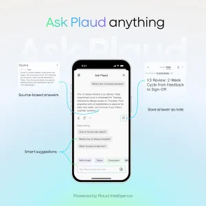 Plaud Ask Plaud Mobile-App-Infografik mit quellenbasierten Antworten, smarten Vorschlägen und Notizspeicherung