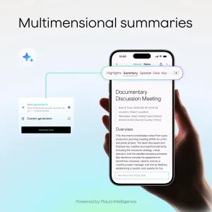 PLAUD-KI-Oberfläche zur Notizzusammenfassung auf einem Smartphone, mit Steuerelementen zur Erstellung von Zusammenfassungen und dem Tab „Zusammenfassung“.