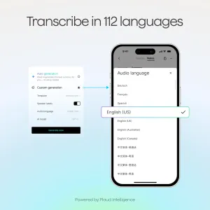 PLAUD-App-Bildschirm für die Transkription in 112 Sprachen, mit Englisch (USA) als ausgewählter Audiosprache.
