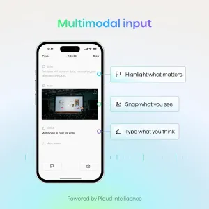 PLAUD Intelligence-Infografik mit einer KI-Notiz-App-Oberfläche und Hinweisen zu multimodalen Eingaben