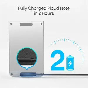 Infografía del kit de accesorios de PLAUD Note que muestra el cable de carga conectado al dispositivo y carga completa en 2 horas