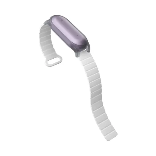 The PLAUD NotePin in sunset purple sits in a white, segmented bracelet; oval capsule with small indicator dot and side attachments.