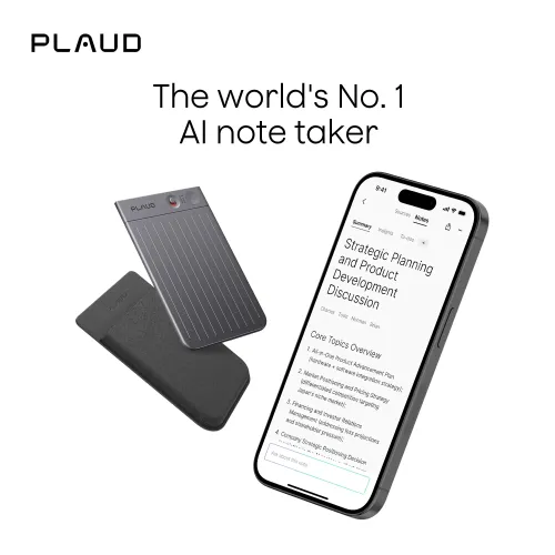 PLAUD Note AI voice recorder with case and smartphone showing the notes app on a white background