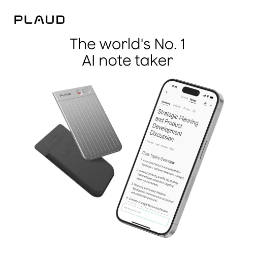 PLAUD Note silver AI voice recorder with transcription shown beside a smartphone app and protective case
