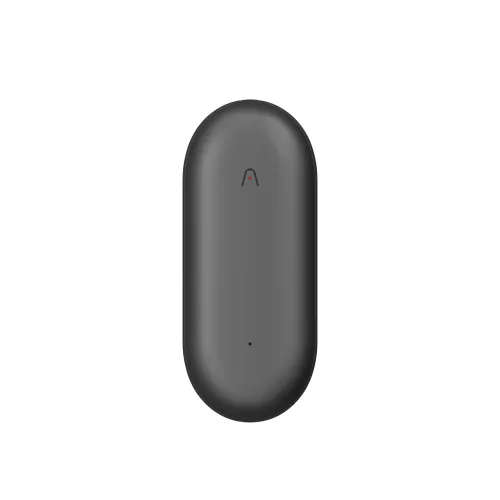 PLAUD NotePin in cosmic gray, capsule-shaped device seen from the front with small logo at the top and discreet indicator dot at the bottom.