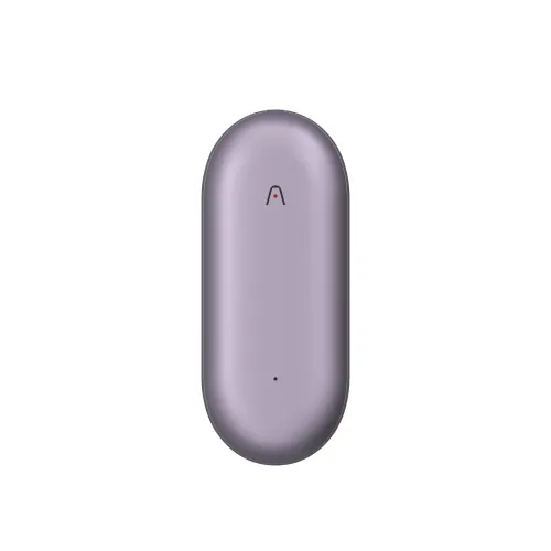 PLAUD NotePin in sunset purple, oval voice recorder seen from the front with rounded edges, logo mark and small indicator dot.