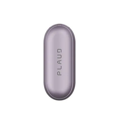 PLAUD NotePin in sunset purple, oblong and rounded front with centered PLAUD logo, photographed against a clean white background.