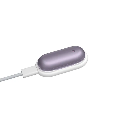 PLAUD NotePin in sunset purple on white charging dock with attached USB-C cable; oval capsule with LED indicator, microphone hole.