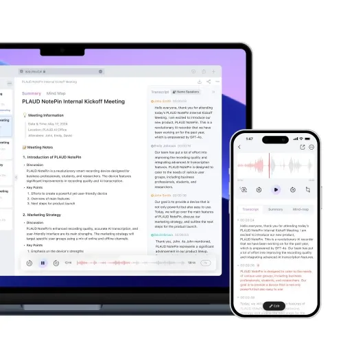 Laptop and smartphone front view showing PLAUD NotePin app with meeting notes, transcripts and audio waves, against bright background.
