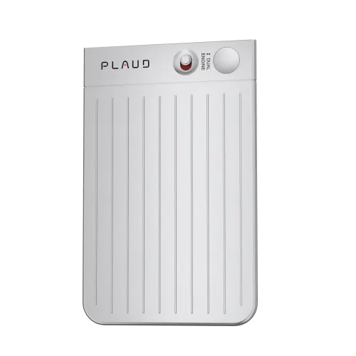 Silver colored voice recorder with vertical grooves and rounded corners, PLAUD logo, small red control button and large button on top.